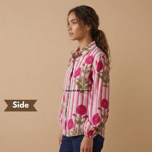 เสื้อเชิ้ตพิมพ์ลายบล็อกด้วยมือ เสื้อเชิ้ตแฟชั่นสำหรับผู้หญิง เสื้อผ้าฝ้ายเนื้อนุ่มพิมพ์ลายบล็อกด้วยมือแบบอินเดีย ลดราคาในราคาที่ดีที่สุด - Product Image 2