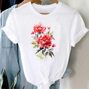 T-shirt blanc à manches courtes pour femme, décontracté, en satin de polyester respirant, imprimé numérique, léger et confortable - Product Image 1