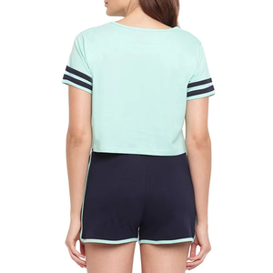 Sporty <b>2</b> <b>Piece</b> Shorts <b>Set</b> Solid Color Breathable Knitted Top With Side Stripe O-Neck Short Sleeve Above Knee Length Summer Wear - Product Image 2