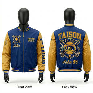 เสื้อแจ็คเก็ตบอมเบอร์ผู้ชาย ผ้าซาตินโพลีเอสเตอร์พรีเมียม สีแดงเลือดหมู/กรมท่า แต่งแถบยาง ปักลายปักแบบกำหนดเอง พิมพ์ลายโลโก้ด้วยสกรีน เสื้อแจ็คเก็ตผู้ชาย - Product Image 3