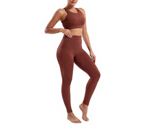 Women's Brown 2-Piece Yoga Set Crisscross Straps Ruched Crop <b>Top</b> High Waist Leggings Plus Size Seamless Breathable Spandex - Product Image 3