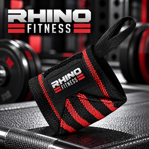 ผ้าพันข้อมือสำหรับมือซ้าย Rhino Fitness สีดำแดง ทำจากผ้าฝ้าย พร้อมห่วงร้อยนิ้วโป้งและแถบตีนตุ๊กแกสำหรับยกน้ำหนัก - Product Image 1
