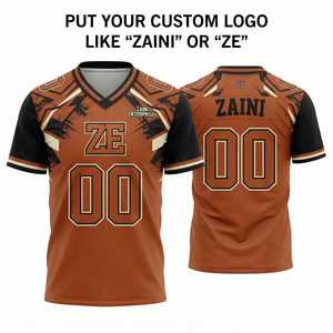 เสื้อฟุตบอลอเมริกันชาย ผ้าโพลีเอสเตอร์ตาข่ายพรีเมียม 160 GSM สีส้มดำ พิมพ์ลายแบบซับลิเมชั่นตามสั่ง ออกแบบลายเสื้อทีม ชุดยูนิฟอร์ม - Product Image 1