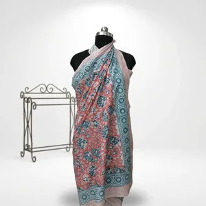 Hand Block Printed Cotton Sarong <b>Red</b> Teal Floral Beach Wrap <b>Scarf</b> Lightweight Summer Cover Up for Women Resort Travel Wear - Product Image 1