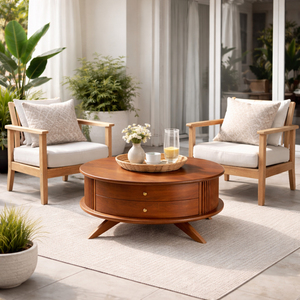 Luxury Teak Wood Modern Design Durable Idul Round Coffee <b>Table</b> Accent <b>Table</b> with 2 Drawers for Stylish Home Furniture Storage - Product Image 3