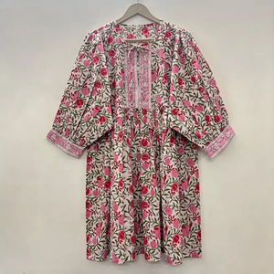 Vestido casual midi de mujer, 100% algodón, tejido, liso/con estampado floral, detalles estructurales, cuello en V, manga corta, estilo imperio, talla grande - Product Image 2