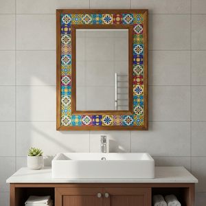 Handcrafted Wooden Mosaic Tile Wall <b>Mirror</b> Decorative <b>Rectangular</b> Frame 4mm Thick Ethnic Rustic Home Decor - Product Image 4