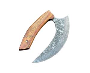 Custom Handmade Damascus Steel Pizza Cutter Wheel Ulu Knife Premium Wooden Handle Kitchen Axe with Genuine Leather Sheath - Product Image 2
