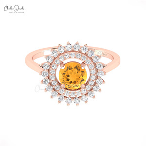 Hallmarked 14k Solid <b>Gold</b> Natural 6mm Round Cut Citrine & Diamond Double Halo <b>Ring</b> Wholesale Wedding Jewelry Supplier from India - Product Image 3