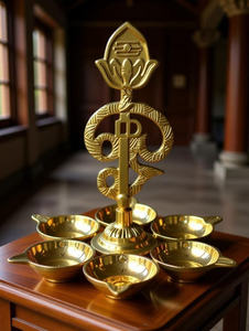 ชุดตะเกียงทองเหลืองพร้อมสัญลักษณ์โอม 7 ดวง ตะเกียงน้ำมันตกแต่งสำหรับพูจา พร้อมฐานวางตะเกียง ของตกแต่งบ้านสไตล์ศาสนาอินเดีย - Product Image 5