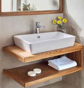 Mueble de Baño Flotante de Madera con Acabado Natural y Estante Abierto para Lavabo Moderno, Ideal para Casa, Villa y Hotel - Product Image 2