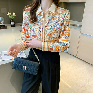 Chemisier Basique pour Femme de Bureau, Col Rabattu, Imprimé Vintage, Hauts Élégants en Chiffon, Blouses Amples Décontractées pour Femmes - Product Image 2