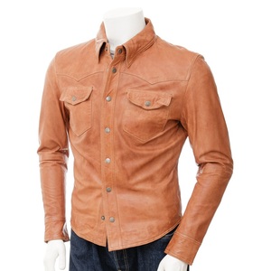 Men's Brown Leather Vintage Casual <b>Shirt</b> <b>Half</b> Sleeve Horn <b>Button</b> Stand Collar Solid Color Winter Wear Urban Export Line - Product Image 1