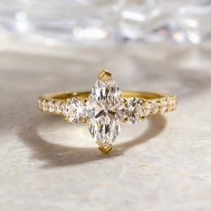Marquise & Round Cut Lab Grown <b>Diamond</b> <b>Ring</b> 2.55 CT 14K Yellow Gold Trilogy Three Stone Half Eternity Engagement <b>Ring</b> - Product Image 2