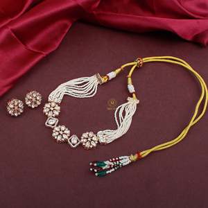 Yami Polki Pearl Choker Set-Gold Plated Designer Wedding Jewelry with Earrings - Product Image 2