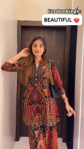 Modern Woman's Versatile Styling <b>Faux</b> <b>Fur</b> Earthy Tones Hand-Block Printed Reversible Sun Protection Party Wear Kurti Set - Product Image 3