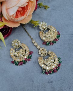 Handcrafted <b>Crystal</b> Beaded Choker Necklace <b>Set</b> With Chandbali Earrings And Mangtika Ethnic Wear Designer Jewellery <b>Set</b> Wholesale - Product Image 6