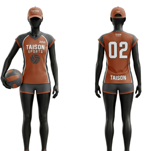 Uniforme de volley-ball pour femmes, qualité supérieure, tissu extensible doux en polyester et élasthanne 180GSM, panneaux orange et gris, logo personnalisé par sublimation - Product Image 1