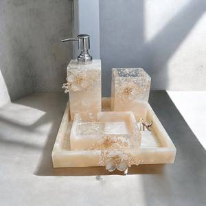 Ensemble de salle de bain en marbre, 5 pièces, style classique rond, distributeur de savon, porte-brosse à dents, plateau facile à nettoyer - Product Image 3