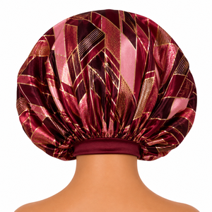 Bonnet de nuit en satin pour femme, motif géométrique, imprimé doré bordeaux, élastique réglable 56-58CM, style tendance, usage domestique - Product Image 4
