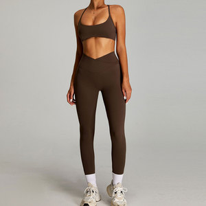 Brown Seamless Yoga Set Crop Top High Waist Flared Pants 2 Piece Spandex Polyester Breathable Scoop Neck Spaghetti Strap - Product Image 3