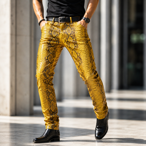 <b>Men</b> Snakeskin <b>Leather</b> <b>Pants</b> High Waist Slim Fit Full Length Flat Front Breathable Lightweight Vintage Casual Trousers - Product Image 6