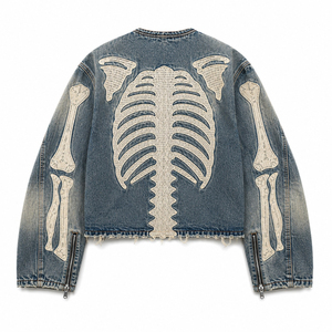 Custom Streetwear Vintage <b>Wash</b> Denim Jacket Full Bone Print Graphic Zip Up Casual Outerwear jacket For Unisex Comfort Wear - Product Image 2