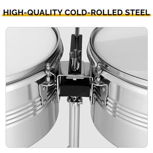 Ensemble de timbales acoustiques professionnelles 13 et 14 pouces avec support et cloche, finition argentée, doté d'une chambre de percussion en érable - Product Image 3