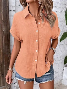 Women Casual Cotton <b>Blouse</b> Vintage Summer <b>Short</b> <b>Sleeve</b> Slim Shirt Elegant Turn Down <b>Collar</b> Solid Casual Loose Fit Breathable - Product Image 5