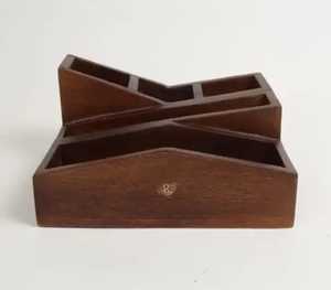 Rustic Wooden And Metal Cutlery Holder 4 Compartment Flatware Organizer Kitchen Utensil <b>Storage</b> Caddy With Handle - Product Image 2