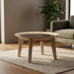 Natural Wooden Marble Top <b>Round</b> <b>Side</b> <b>Table</b> with Solid Wood Legs Minimalist Modern Home Furniture - Product Image 1