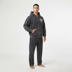 Conjunto Casual de Sudadera con Capucha y Pantalones Deportivos para Hombre, de Alta Calidad, con Lavado Ácido al Carbón, Cierre Completo, Hombros Caídos y Estilo Oversize - Product Image 2