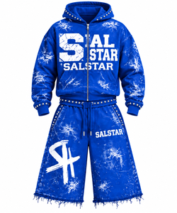 Ensemble 2 pièces pour homme : sweat à capuche graphique bleu et short ample – Survêtement streetwear oversize avec logo personnalisé – Tenue décontractée hip-hop - Product Image 1