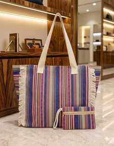 Striped Jute Tote <b>Bag</b> <b>Long</b> Handle Zipper Shopping <b>Bag</b> with Pouch Custom Printed for Outdoor Retail - Product Image 3