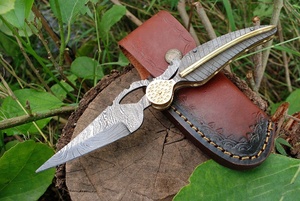 Couteau pliant en acier Damas massif, vente en gros, couteau de poche d'extérieur avec étui en cuir - Product Image 3