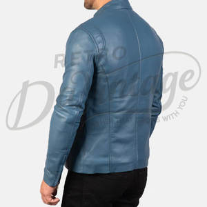 Chaqueta de cuero azul pizarra para hombre, corte ajustado, piel de oveja auténtica, abrigo informal de otoño e invierno, estilo motociclista, con cuello de banda y cierre de cremallera. - Product Image 2