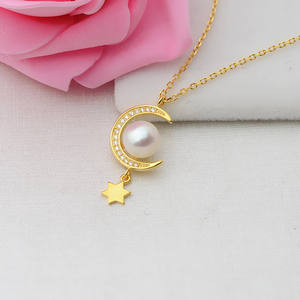 Pendentif étoile et lune en argent S925 avec collier de perles 8-9 mm, ensemble de bijoux DIY pour femmes, incrusté 388 - Product Image 4