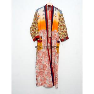 Boho Style <b>Plus</b> <b>Size</b> Casual Floral Breathable Silk V-neck Short Sleeve <b>Kimono</b> Robe Handmade Indian Patchwork Knee Length Autumn - Product Image 5