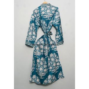 Hermoso Kimono Largo de Algodón Estampado a Mano con Cierre de Cinturón para Dormir por la Noche, Bata para Mujer con Estampado Floral - Product Image 5