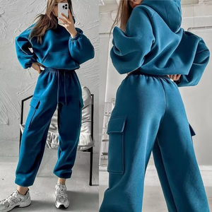 Women's Blue Hooded Tracksuit Full Sleeve Solid Design Casual Loose Fit <b>Sweatshirt</b> And Pants Set With Side Pockets - Product Image 3
