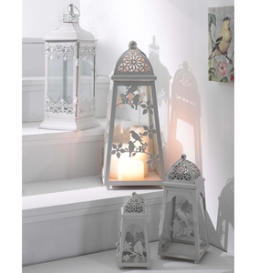 White Decorative <b>Lantern</b> <b>Set</b> Floral Cutwork Candle Holders Graceful Home Refinement - Product Image 1