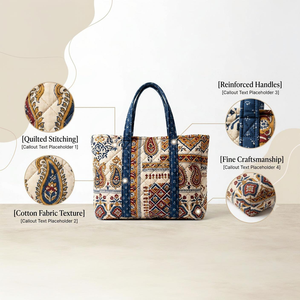 Ethnic Quilted Striped 100% Cotton Large <b>Size</b> Tote <b>Bag</b> with Long Handle and Shopping Use From Rajasthan - Product Image 4