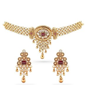 Gold Plated Alloy Vintage Necklace and Earring <b>Set</b> with Zircon Stones <b>Pearls</b> Geometric Design for Women Wedding Bridal Jewelry - Product Image 1