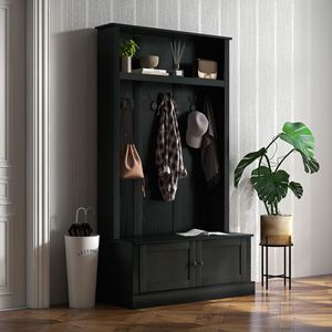 Appendiabiti con Panca in Legno Massello per Ingresso, Soggiorno e Camera da Letto - Arredamento per Casa o Hotel in Nero - Product Image 2