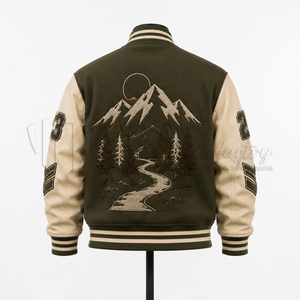 เสื้อแจ็คเก็ตวาร์ซิตี้ผู้ชาย สีเขียวมะกอก ปักตัวอักษร R เลข 24 สไตล์เพรปปี้ ปกคอพับ ติดกระดุมแถวเดียว - Product Image 2