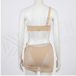 Women One-Shoulder Asymmetric Tankini <b>Set</b> With Ruched <b>Skirt</b> Solid Color Spandex Nylon <b>Bikini</b> Swimwear - Product Image 2
