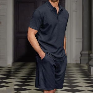 Men's <b>White</b> Cotton Waffle <b>Polo</b> Shirt and Shorts Set Casual Summer Outfit Breathable Knitted Solid Color - Product Image 3
