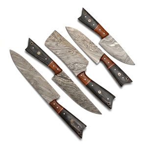 Juego de Cuchillos de Cocina de Acero de Damasco, 5 Piezas, Mango de Madera Bicolor, Juego de Cuchillos de Chef con Bolsa de Cuero, Juego de Cubertería Hecho a Mano, Venta al por Mayor - Product Image 1