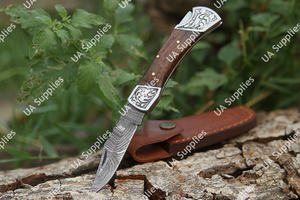 UA Supplies Professional Back Lock Folding Blade Drop Point Damascus Steel EDC <b>Utility</b> Pocket <b>Knife</b> Rosewood Engraved 7.5in OEM - Product Image 3