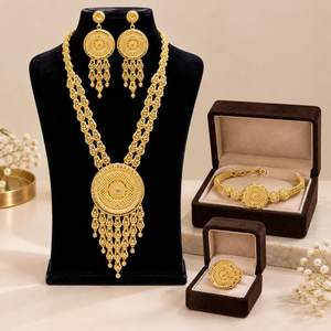 Luxury Long Ethnic Necklace <b>Set</b> with Designer Earrings Bracelet and Ring 24K Gold Finish Indian <b>Bridal</b> Wedding <b>Jewelry</b> for Women - Product Image 1